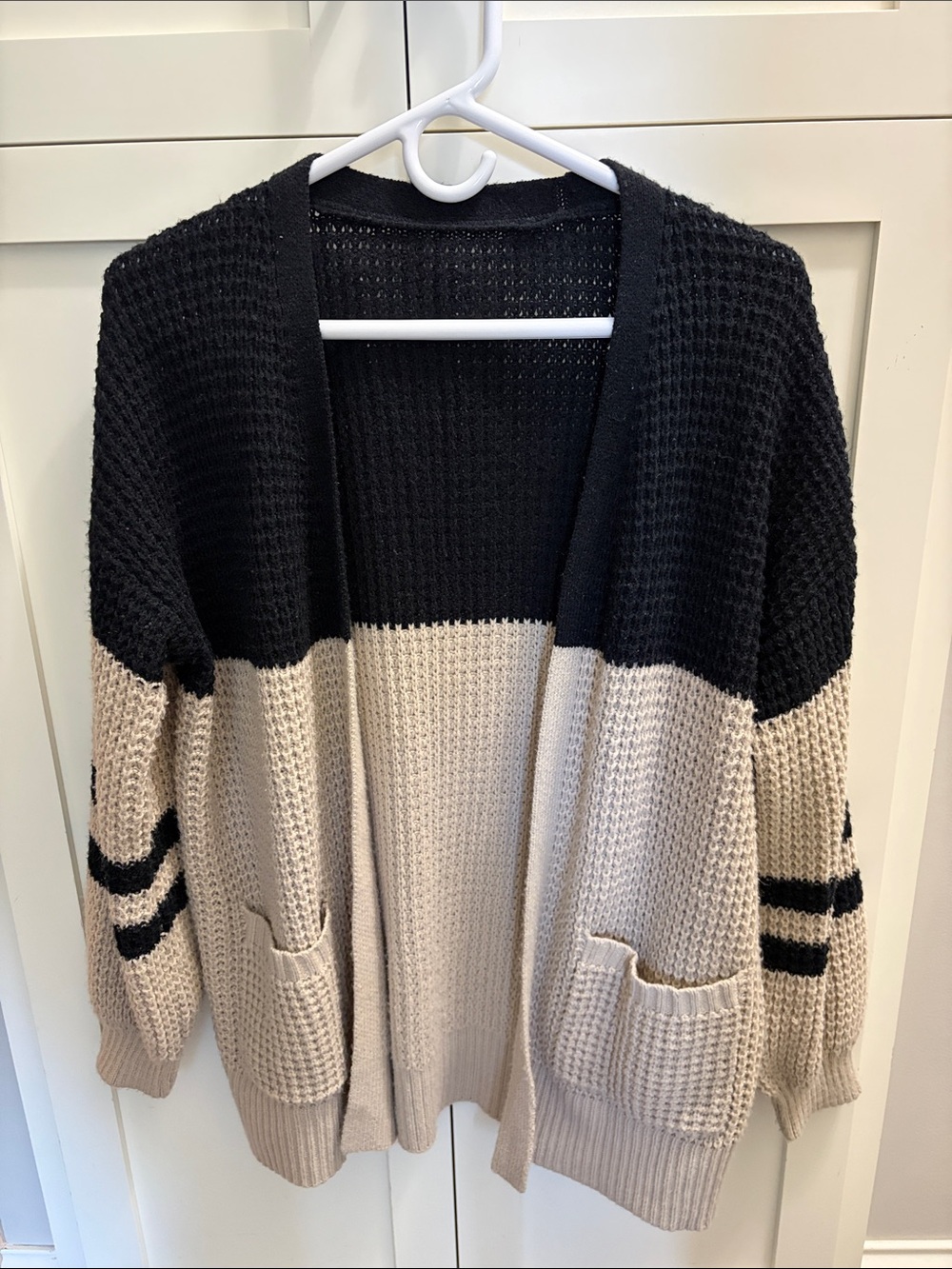 Cozy Two-Tone Black and Beige Open Cardigan Sweater